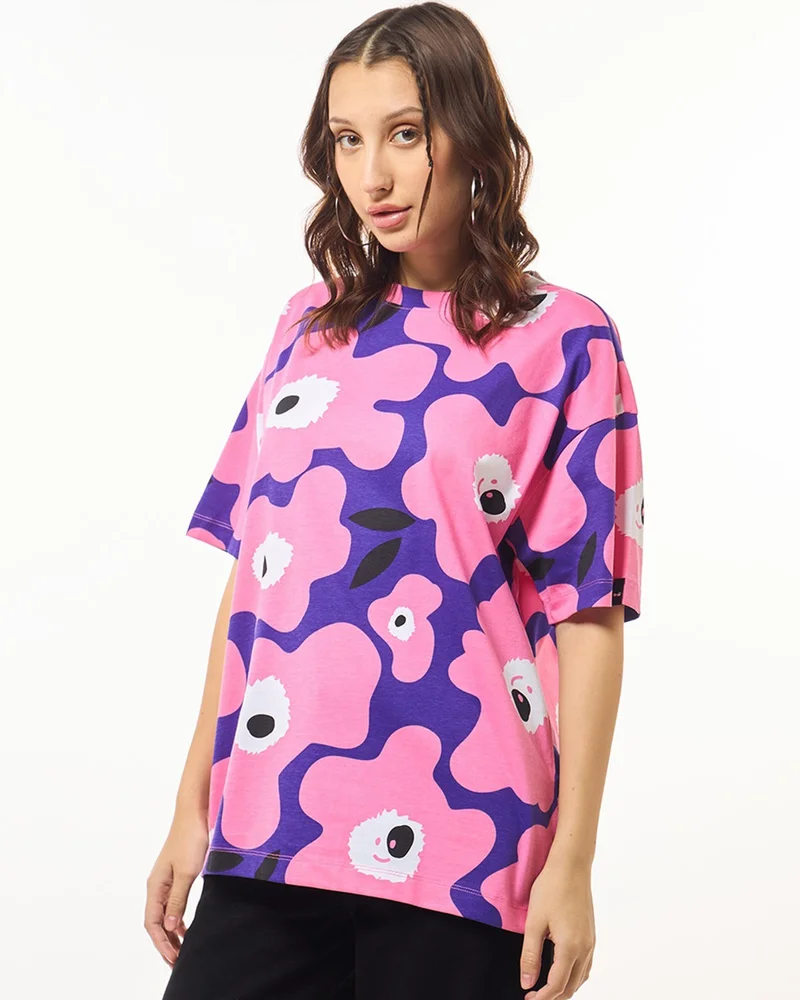 بيواكوف Women's Pink & Blue All Over Printed Oversized T-shirt
